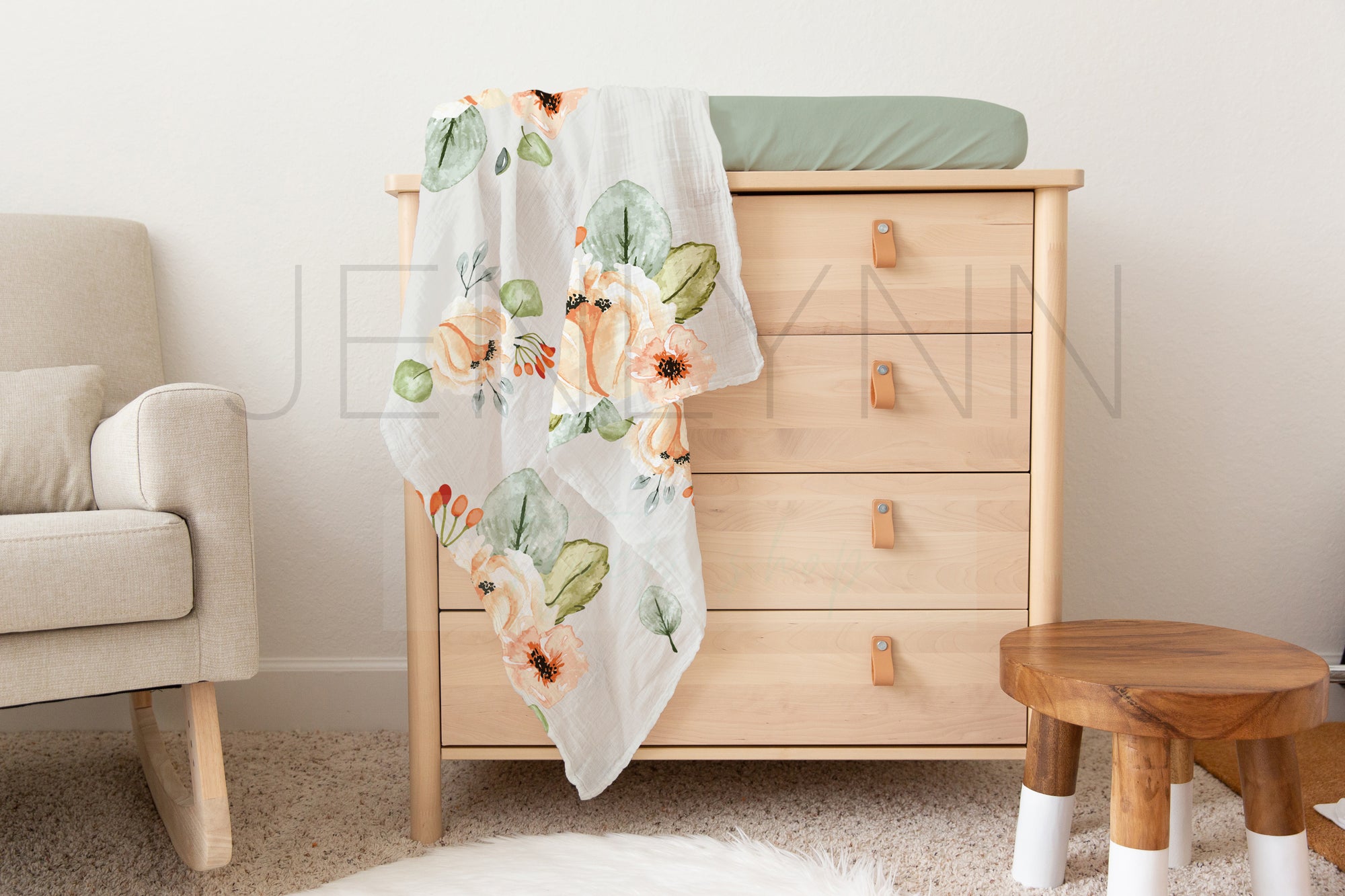 Muslin Swaddle + White Changing Pad Cover Mockup #06