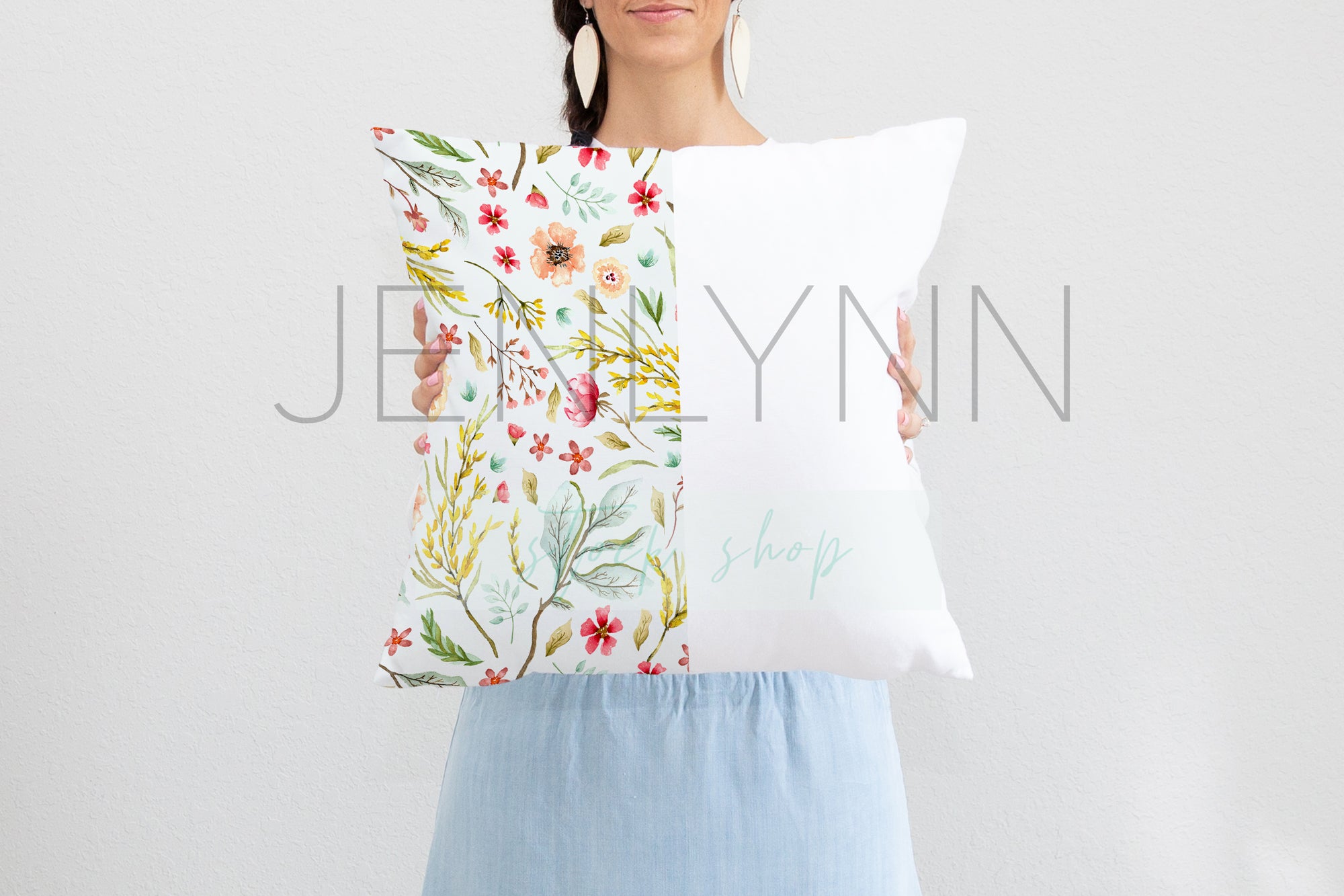 Woman Holding Square Pillow Mockup #10 PSD