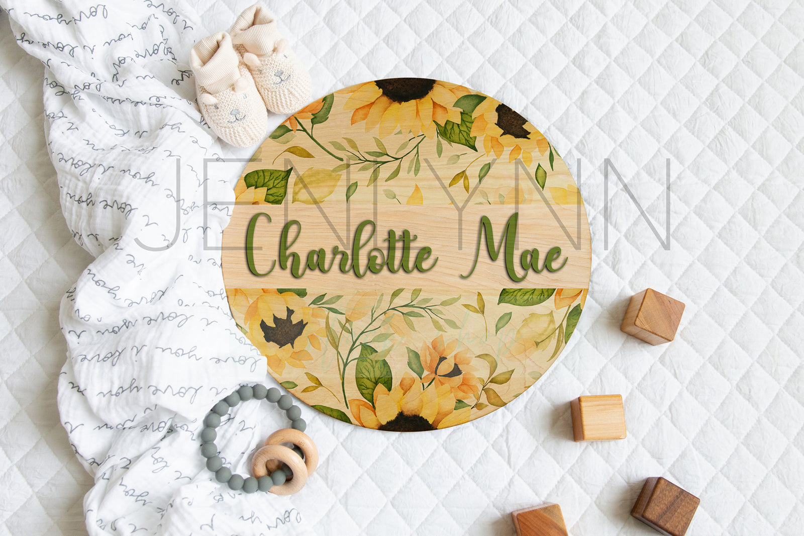 14" Gender Neutral Round Wooden Disc Name sign #2 PSD