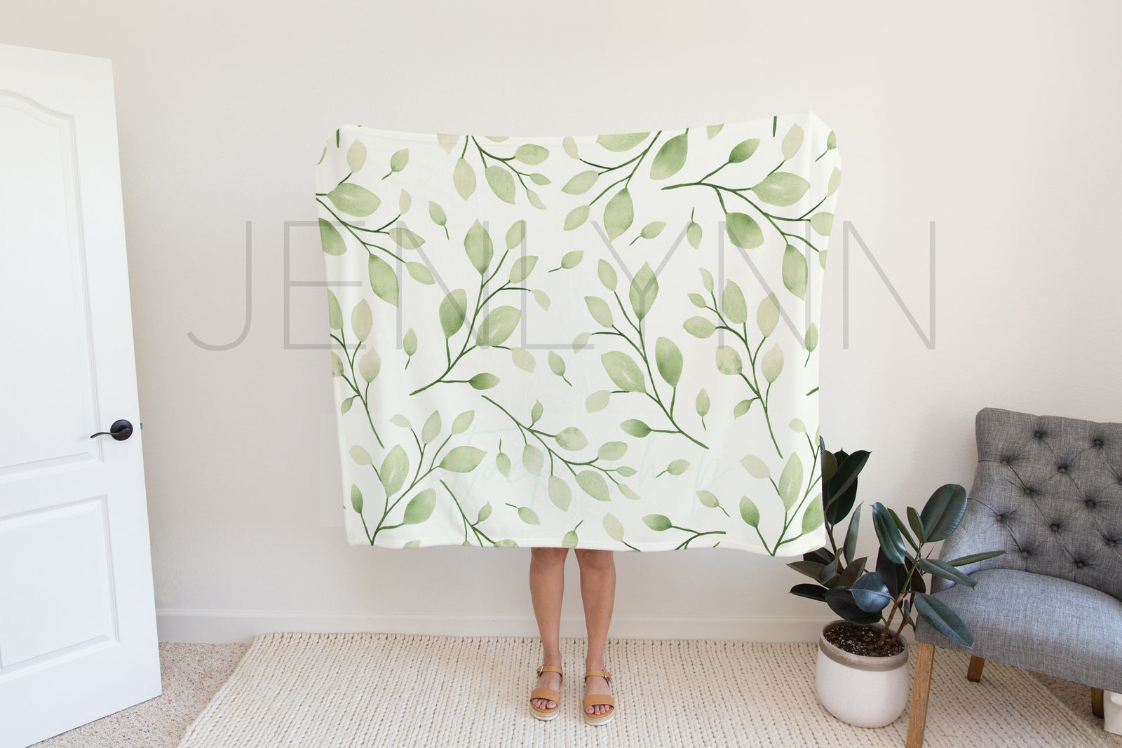 Woman Holding 50x60 Minky Blanket Mockup #1 PSD