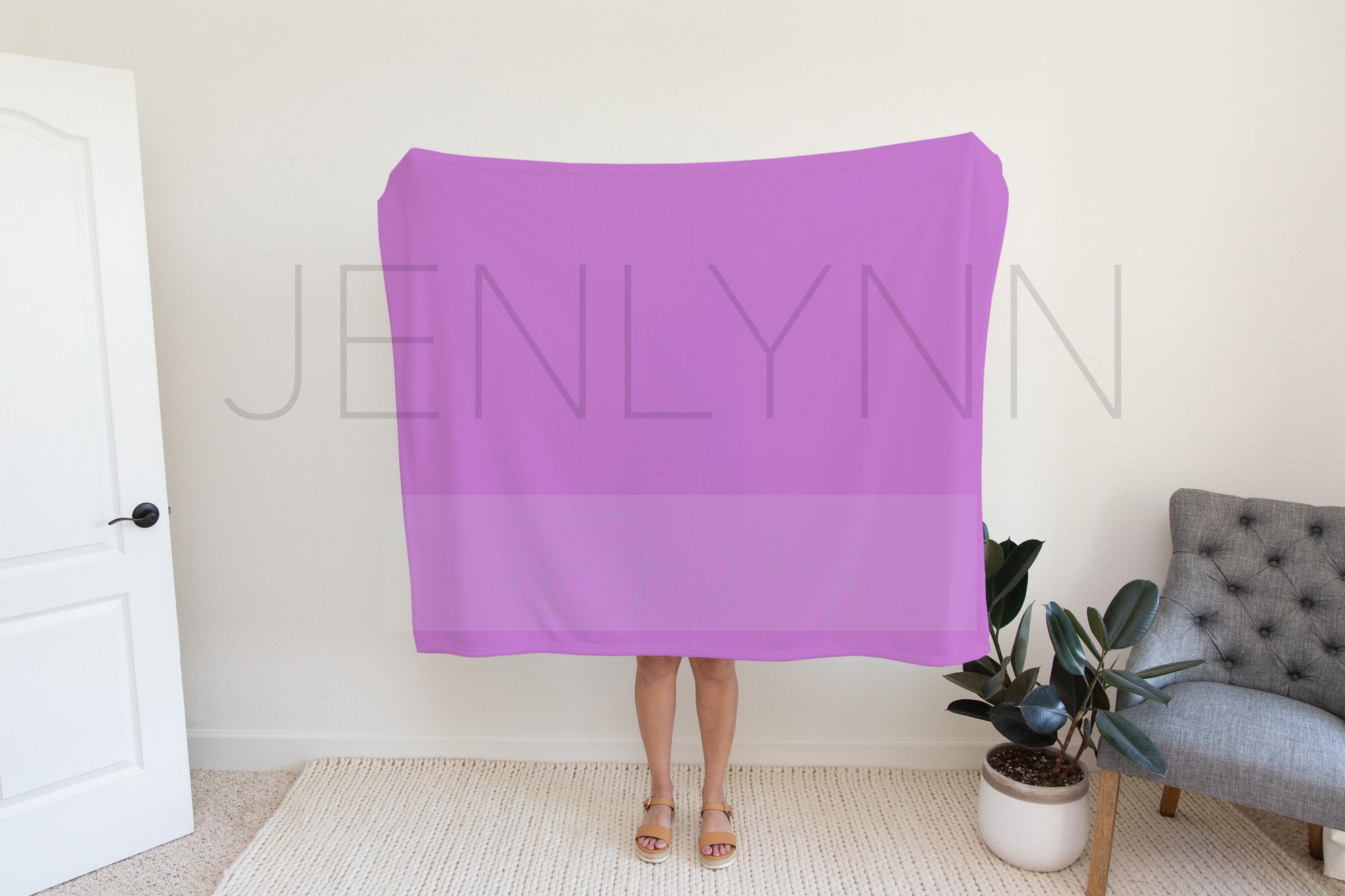 Woman Holding 50x60 Minky Blanket Mockup #1 PSD