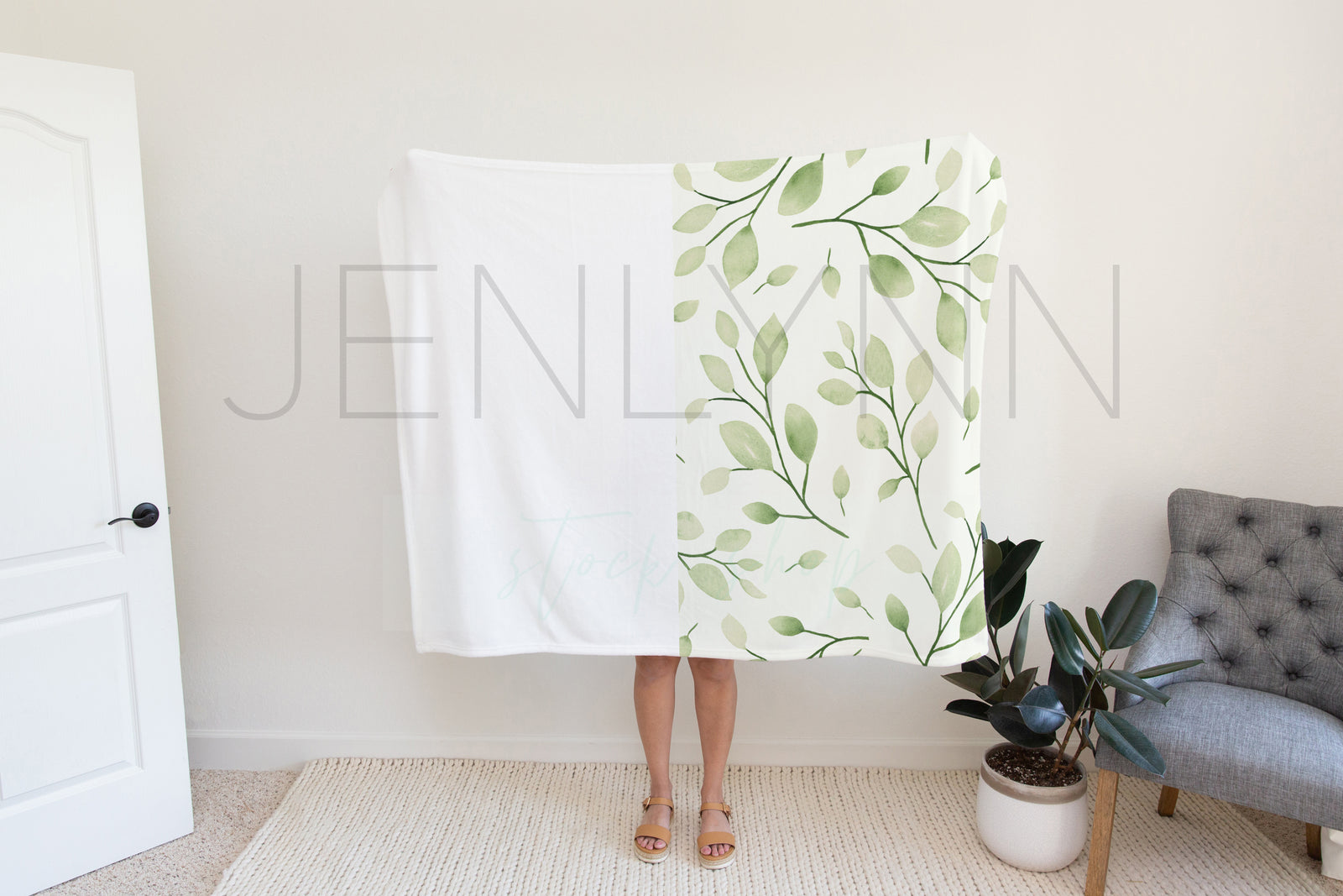 Woman Holding 50x60 Minky Blanket Mockup #1 PSD