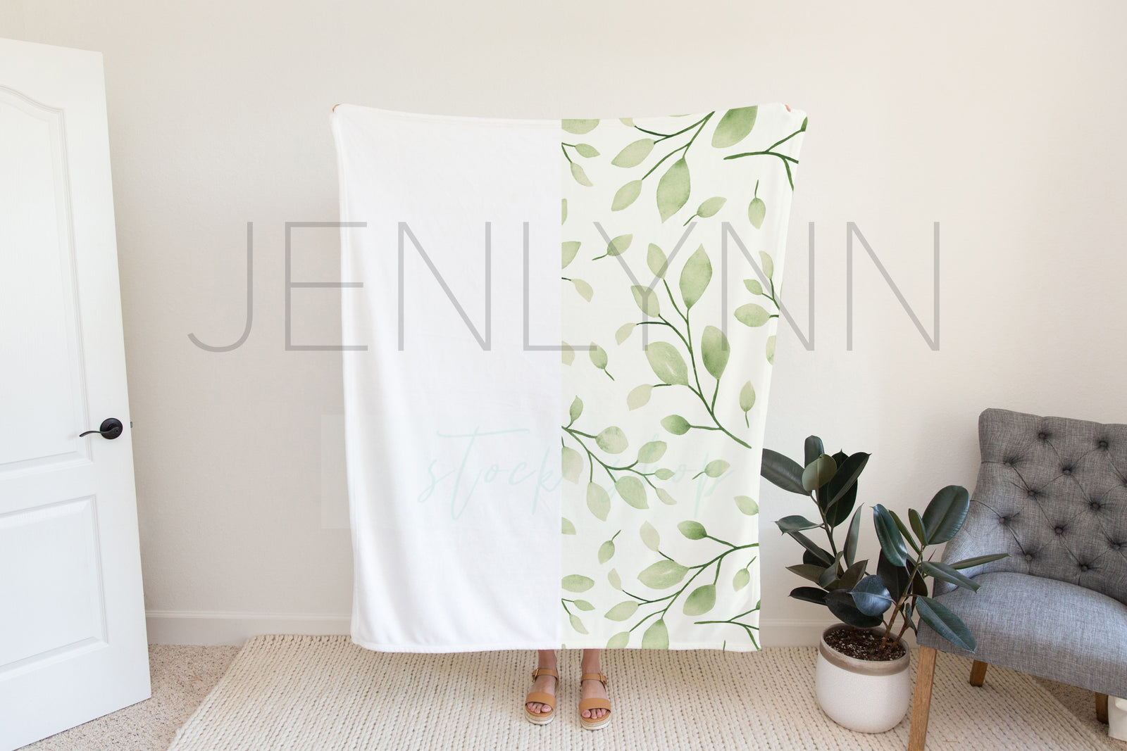 Woman Holding 50x60 Minky Blanket Mockup #2 PSD