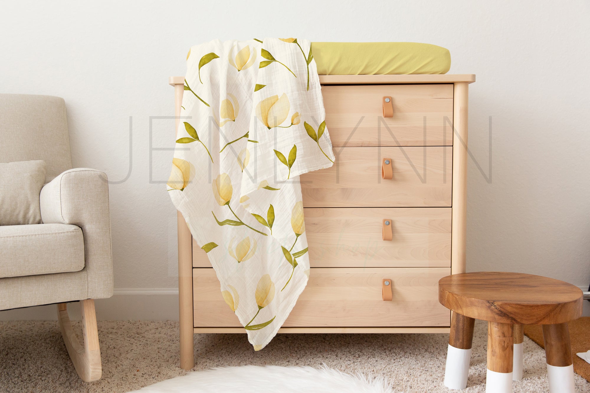 Muslin Swaddle + White Changing Pad Cover Mockup #06