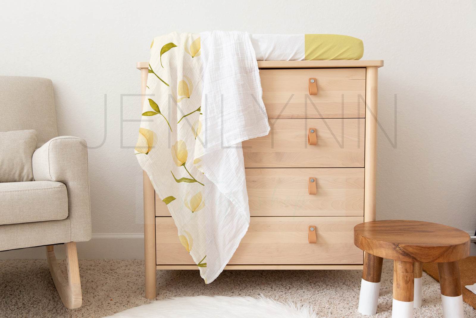 Muslin Swaddle + White Changing Pad Cover Mockup #06