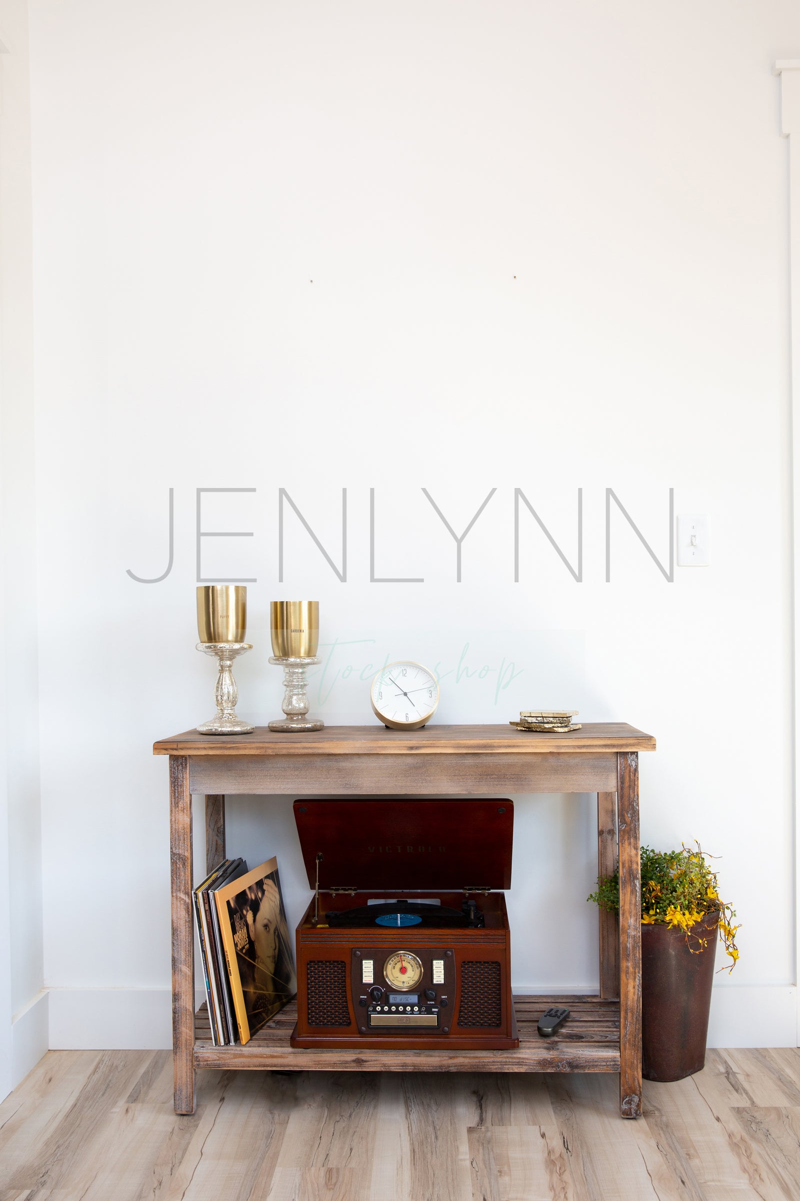 Blank White Wall Mockup over Styled Table