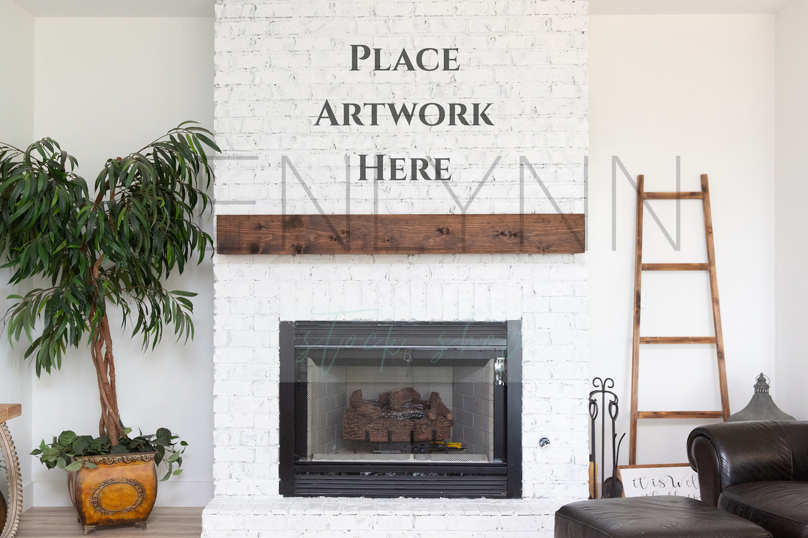 White Brick Fireplace Blank Wall Mockup JPG