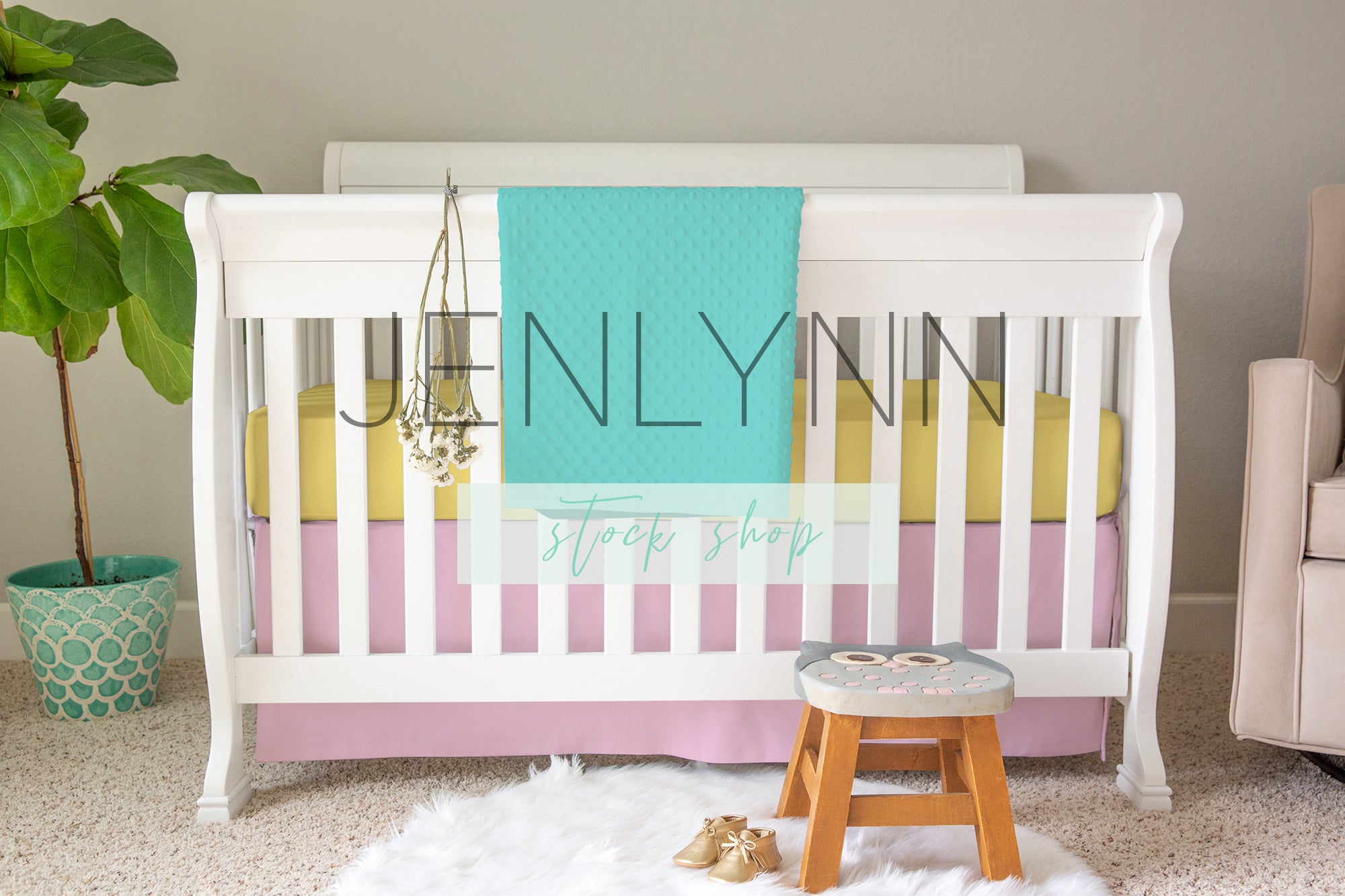 Crib Set Mockup #9 | Crib Sheet, Dimple Dot Blanket, Crib Skirt