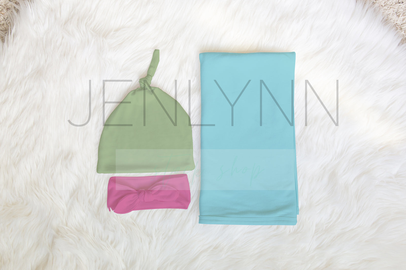 Jersey Swaddle, Knotted Hat unfolded and Bow Set Mockup PSD #2