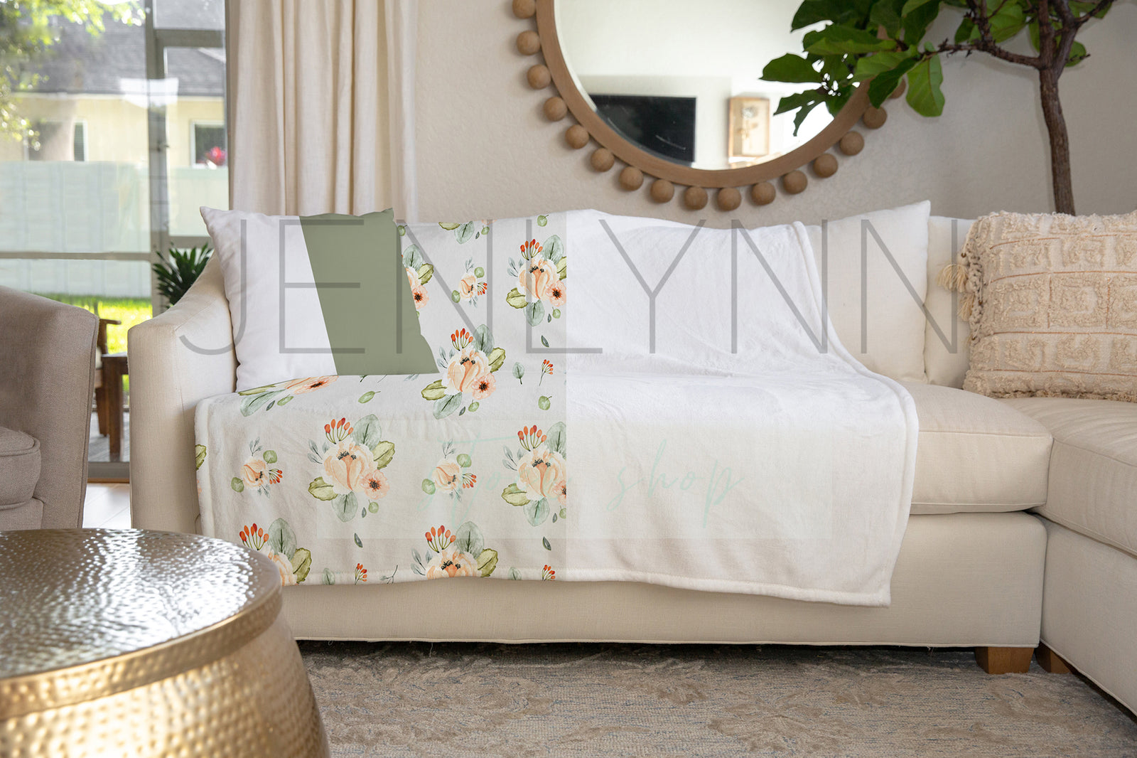 Minky Blanket + Pillow on Couch Mockup #LH11