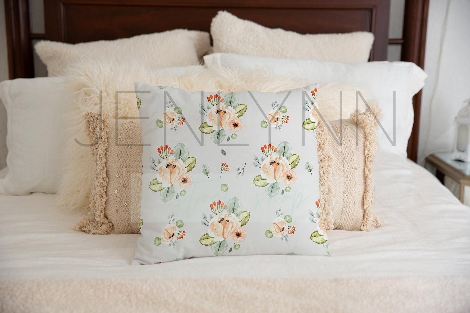 Square Pillow on a bed Mockup #LH10