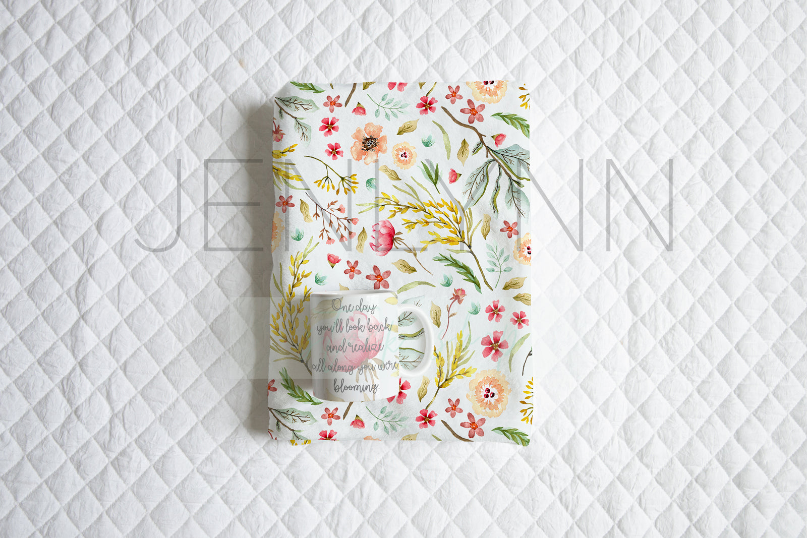 Folded Minky Blanket and Mug set Mockup #1