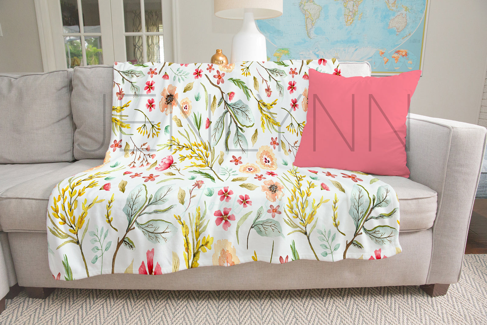 Minky Blanket and Pillow on Couch Mockup #2