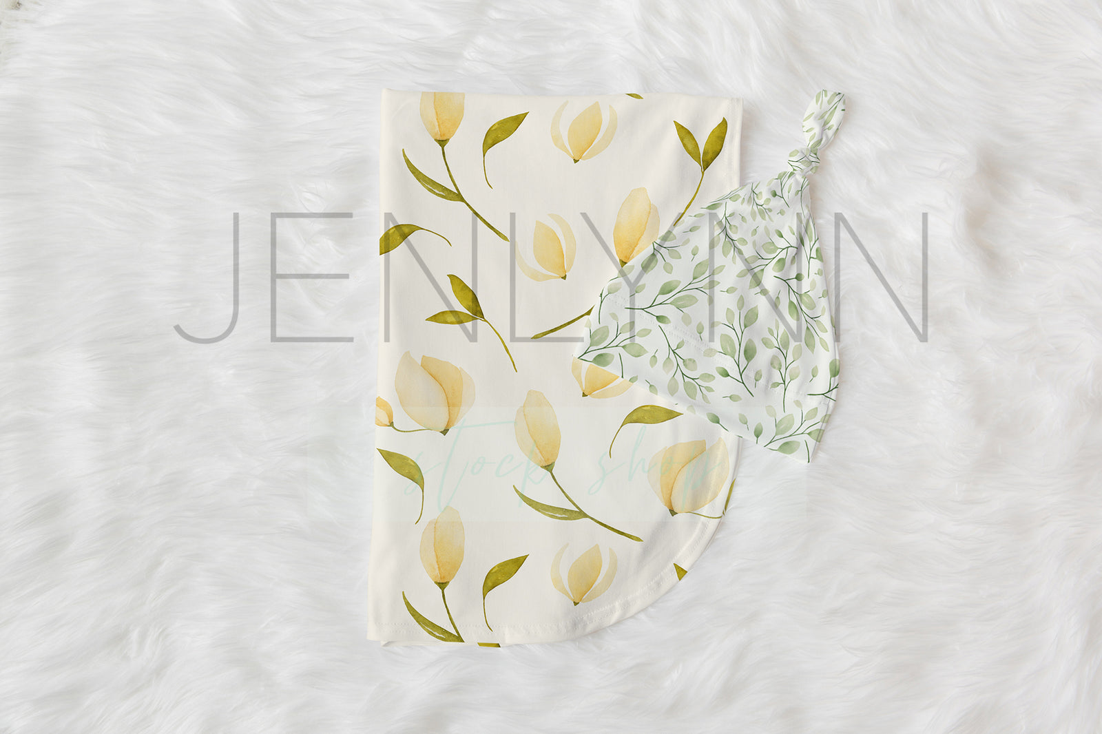 Baby Blanket and knotted hat set mockup #1