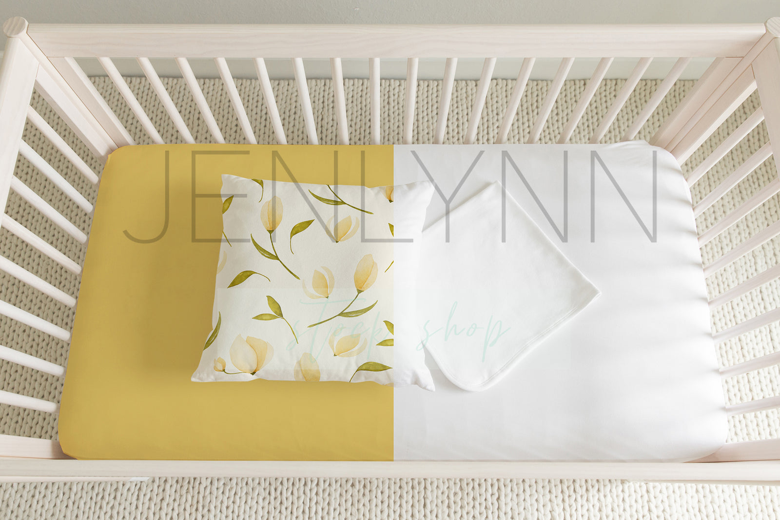 White Crib Sheet, pillow and blanket set Mockup NN #13