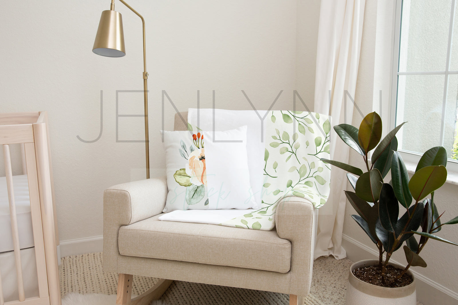 Minky Blanket and pillow Mockup on Nursery Rocker #NN33