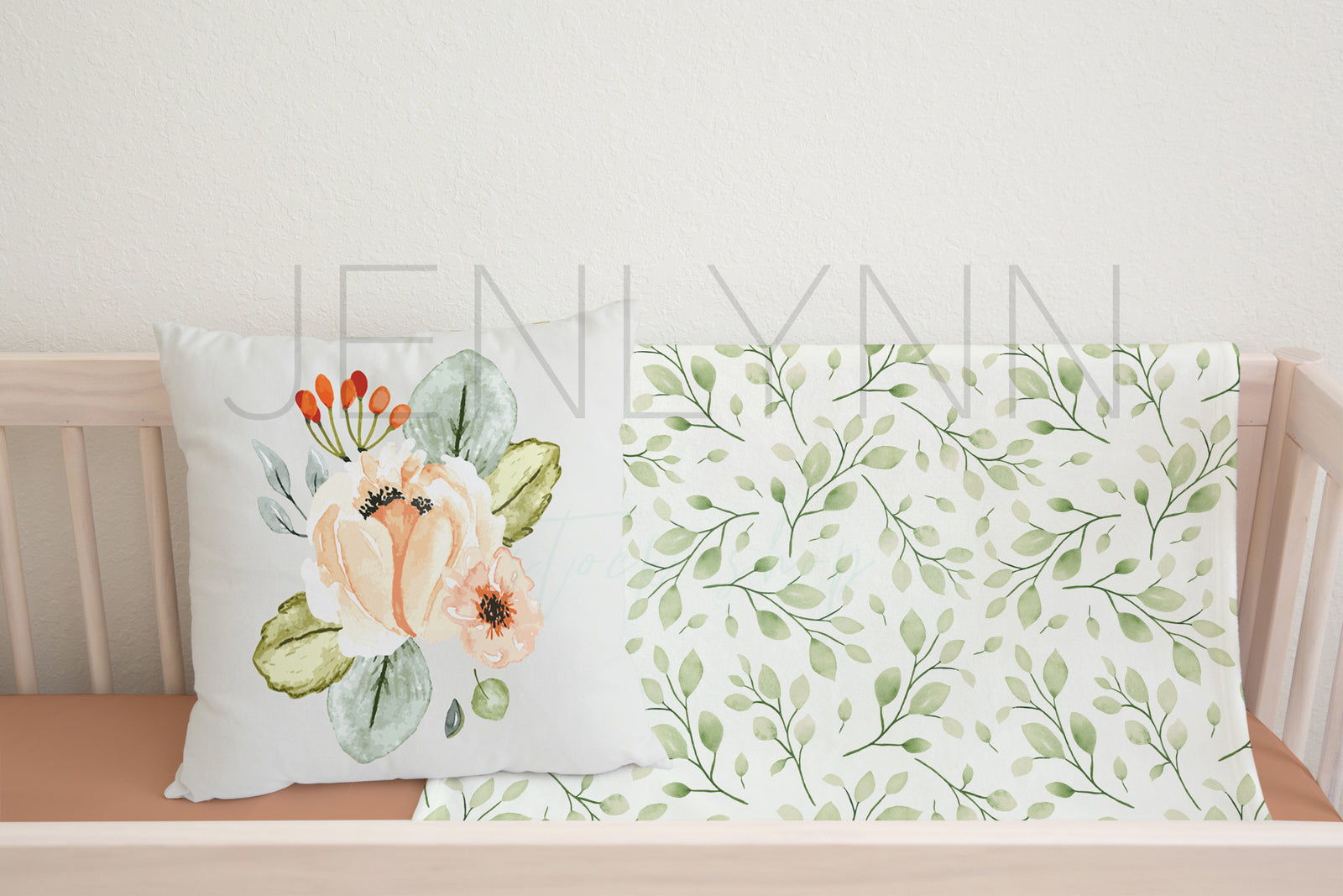 White pillow, blanket and crib sheet set Mockup NN #37