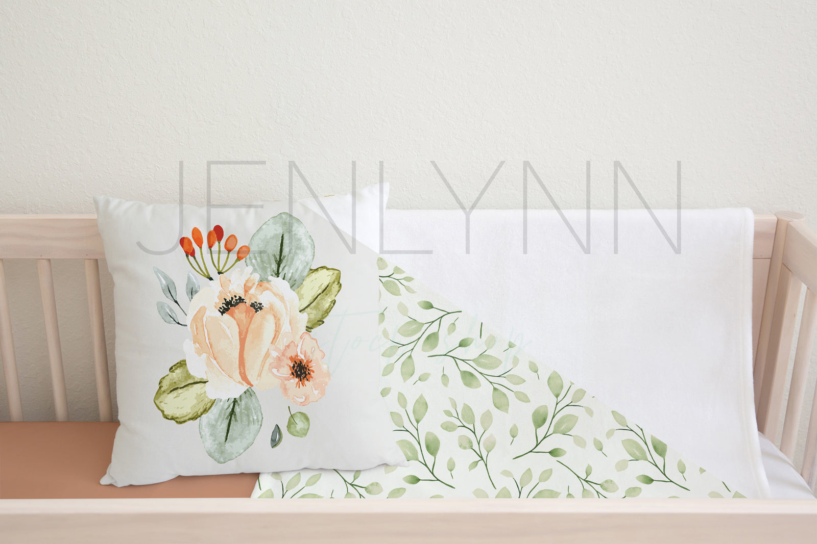 White pillow, blanket and crib sheet set Mockup NN #37