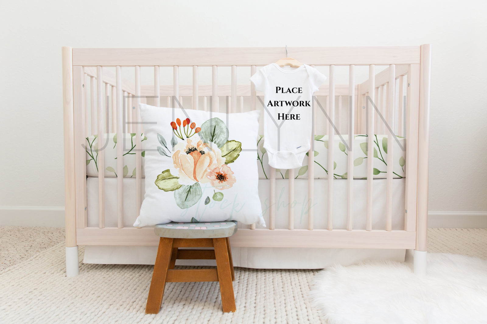 Onesie® and Pillow, Crib Sheet Set Mockup #NN40
