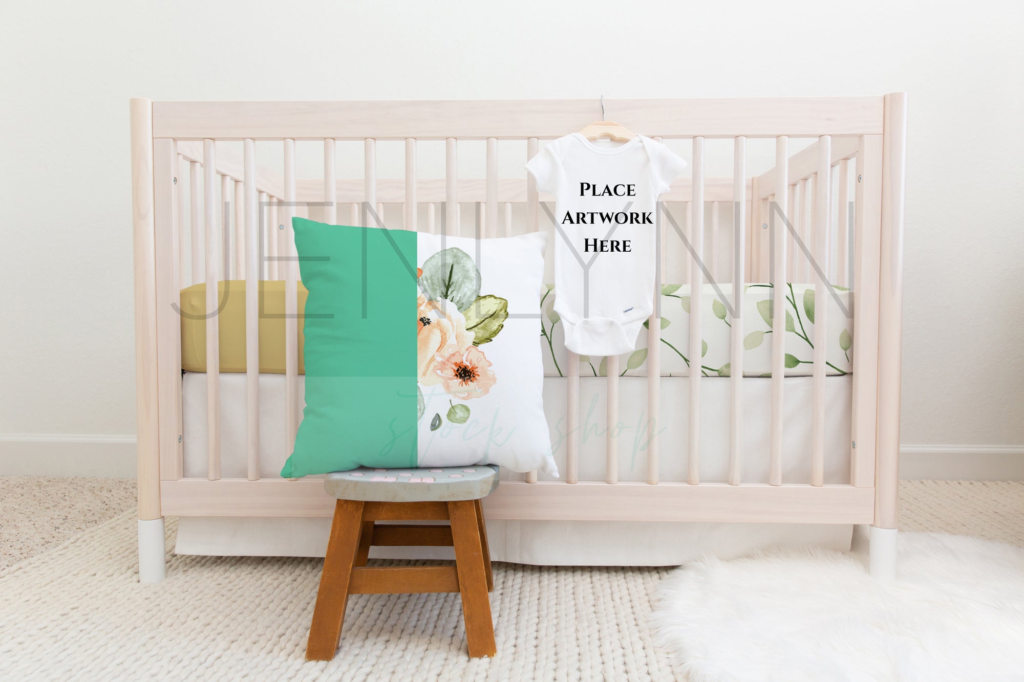 Onesie® and Pillow, Crib Sheet Set Mockup #NN40