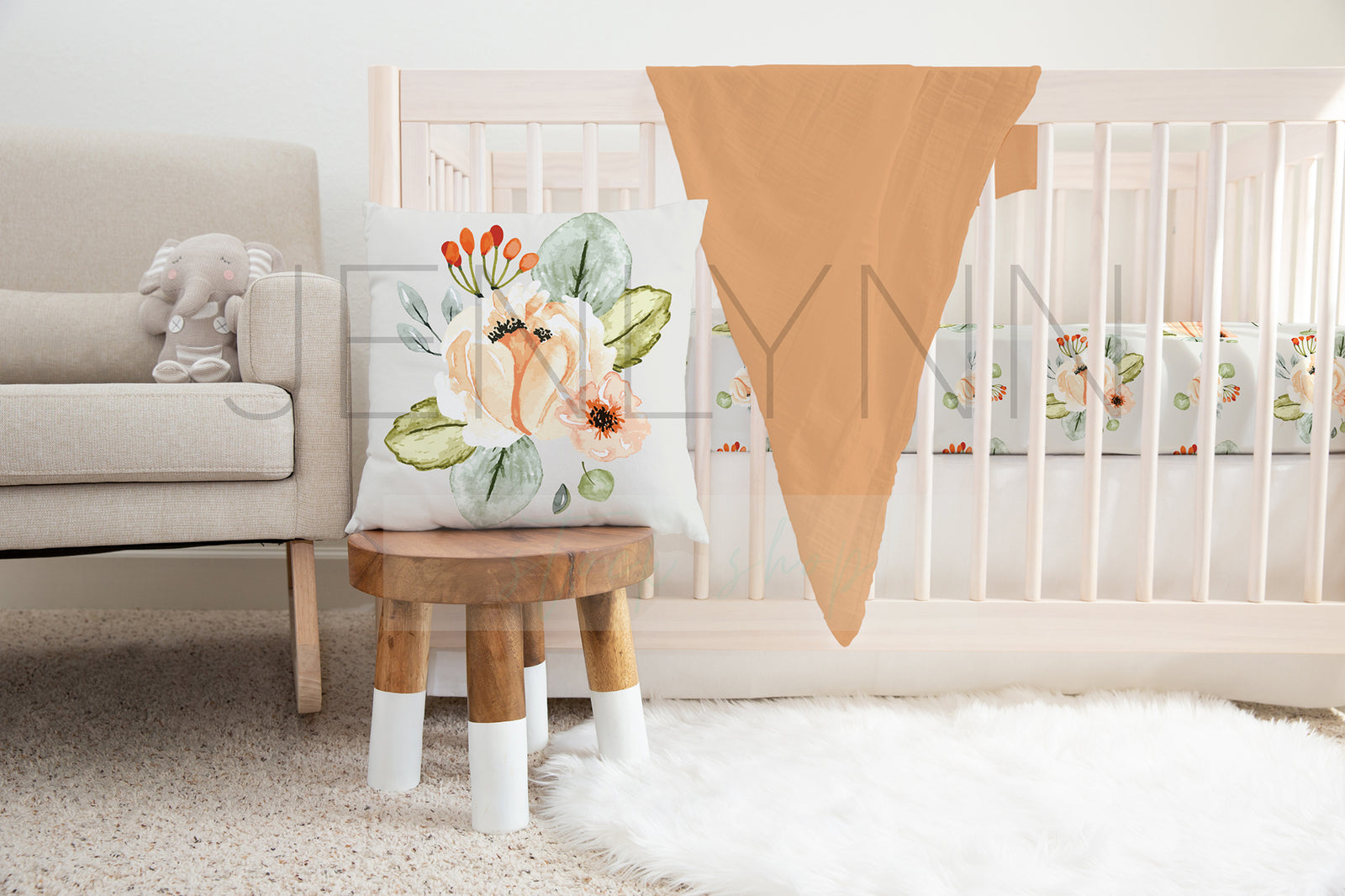 White Pillow, Swaddle Blanket + Crib Sheets Mockup #11