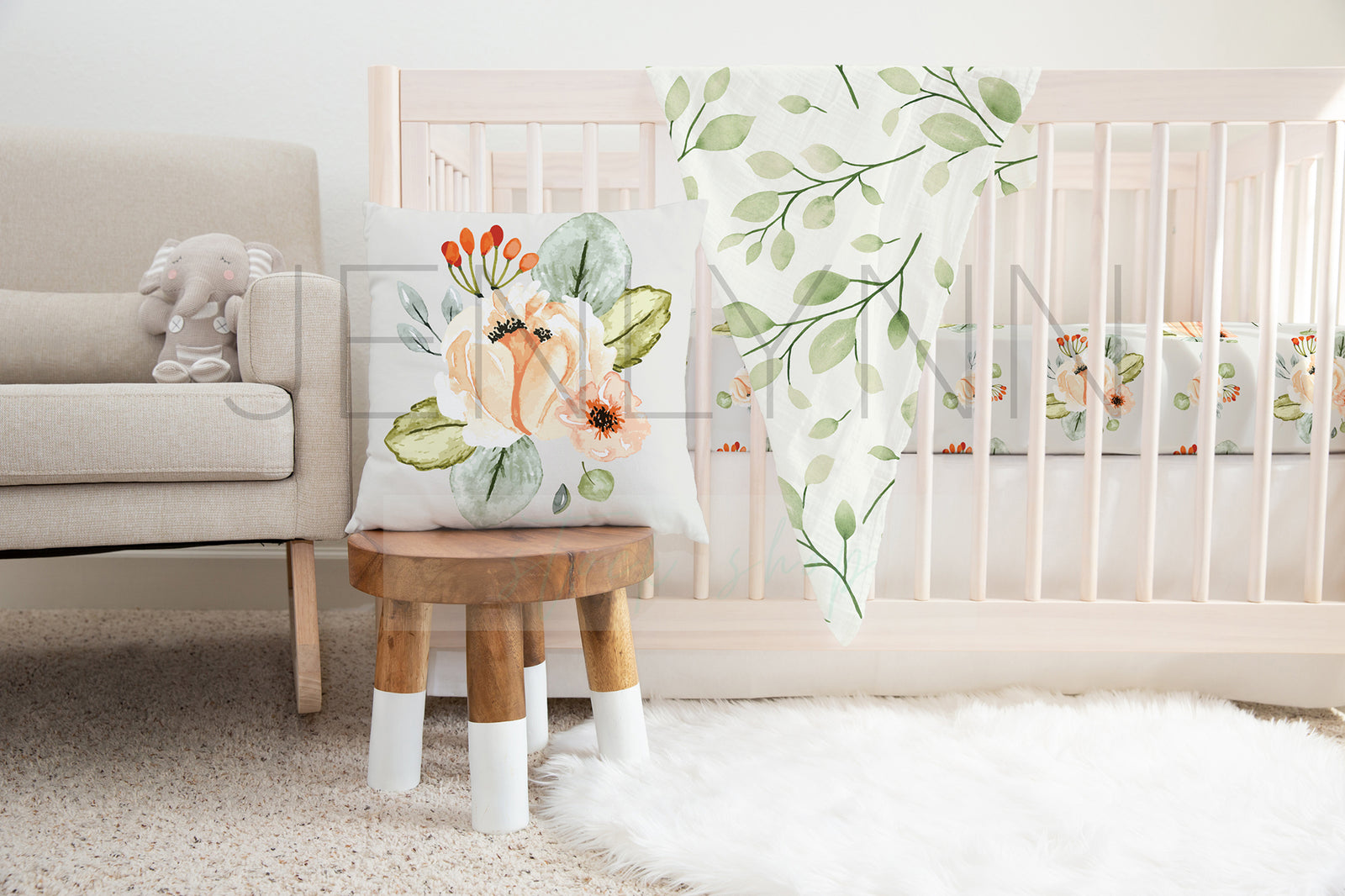 White Pillow, Swaddle Blanket + Crib Sheets Mockup #11