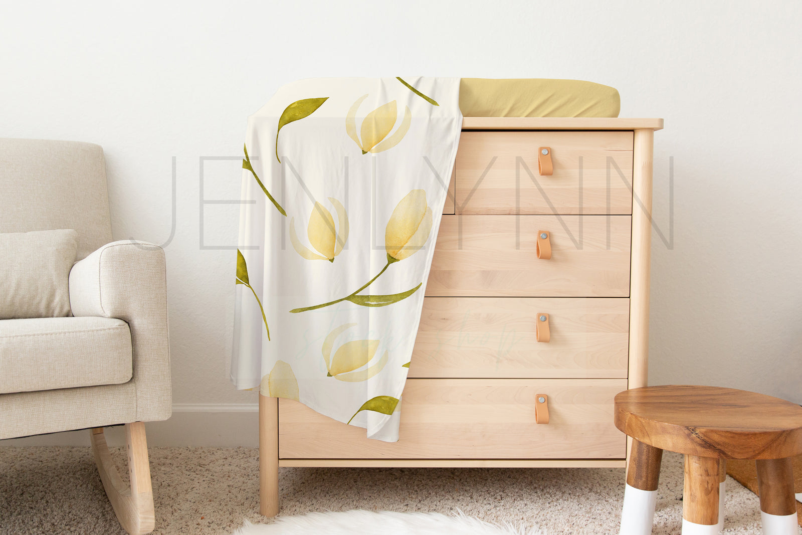 Stretch Jersey Baby Blanket + White Changing Pad Cover Mockup #02