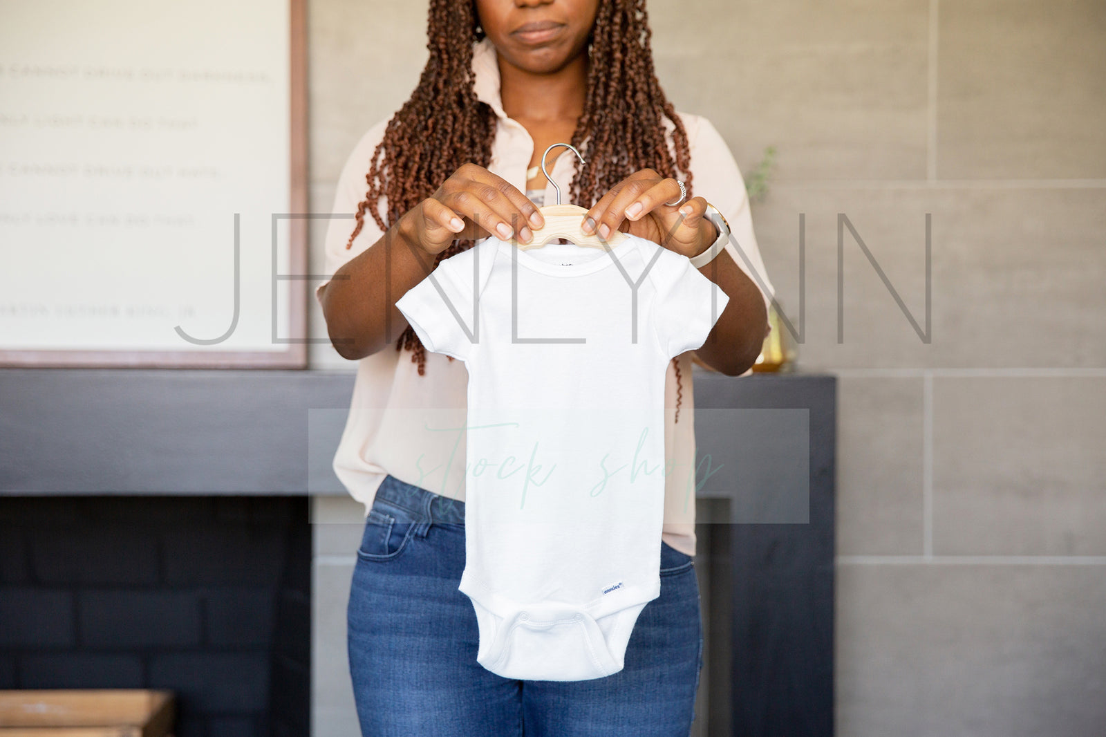 Black Model Woman Holding White Onesie Mockup #TH2 JPG
