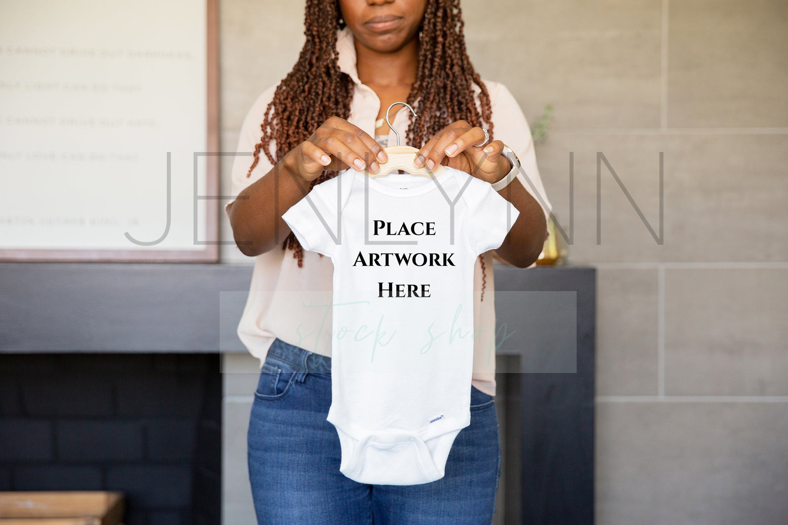 Black Model Woman Holding White Onesie Mockup #TH2 JPG
