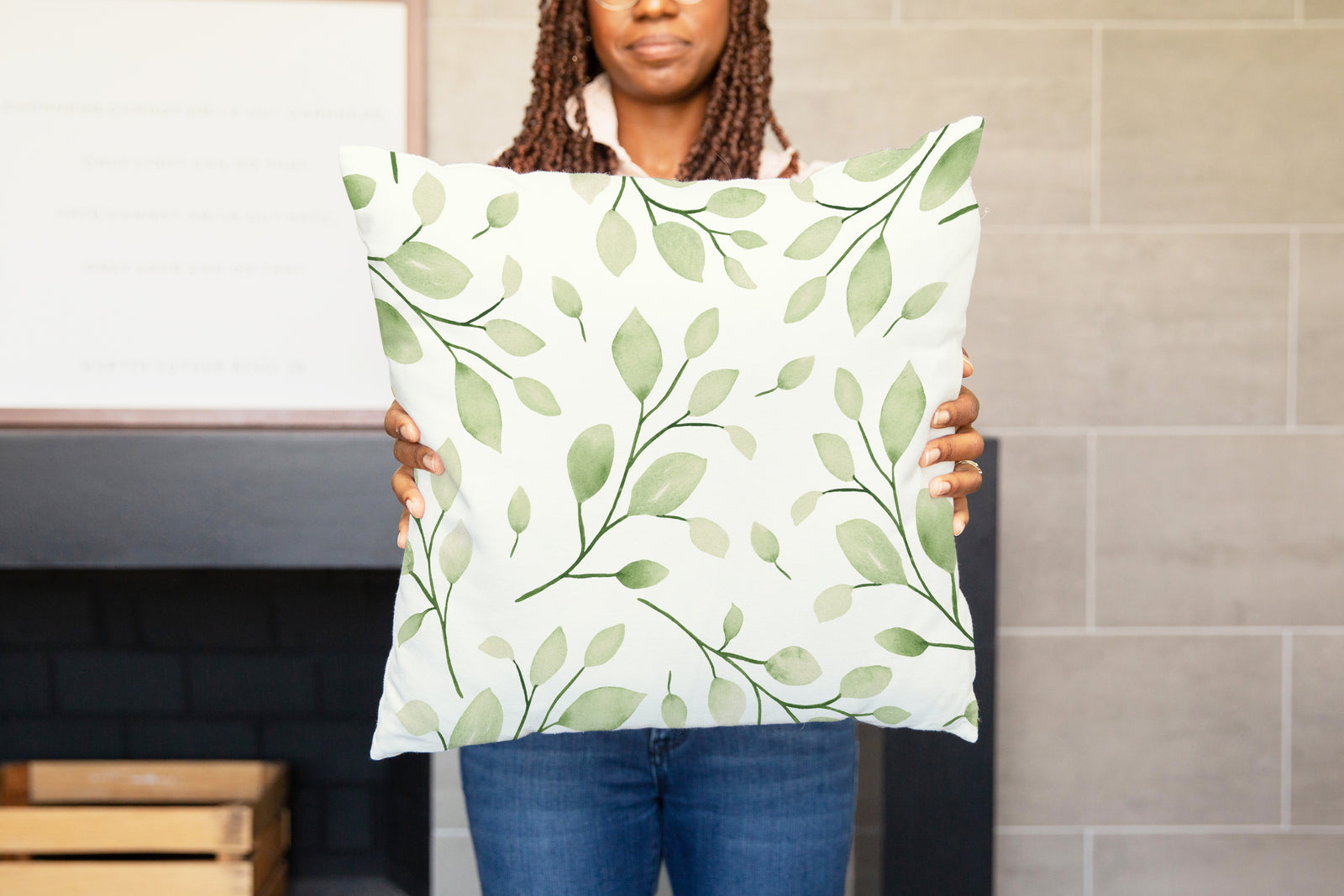 Black Model Holding Square Pillow Mockup #3 PSD