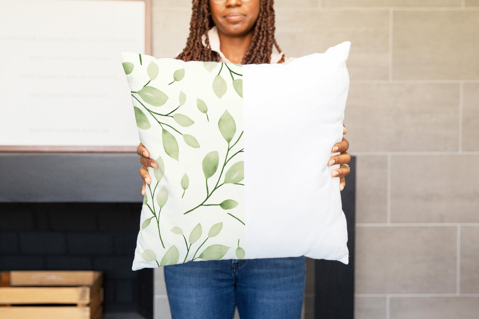 Black Model Holding Square Pillow Mockup #3 PSD