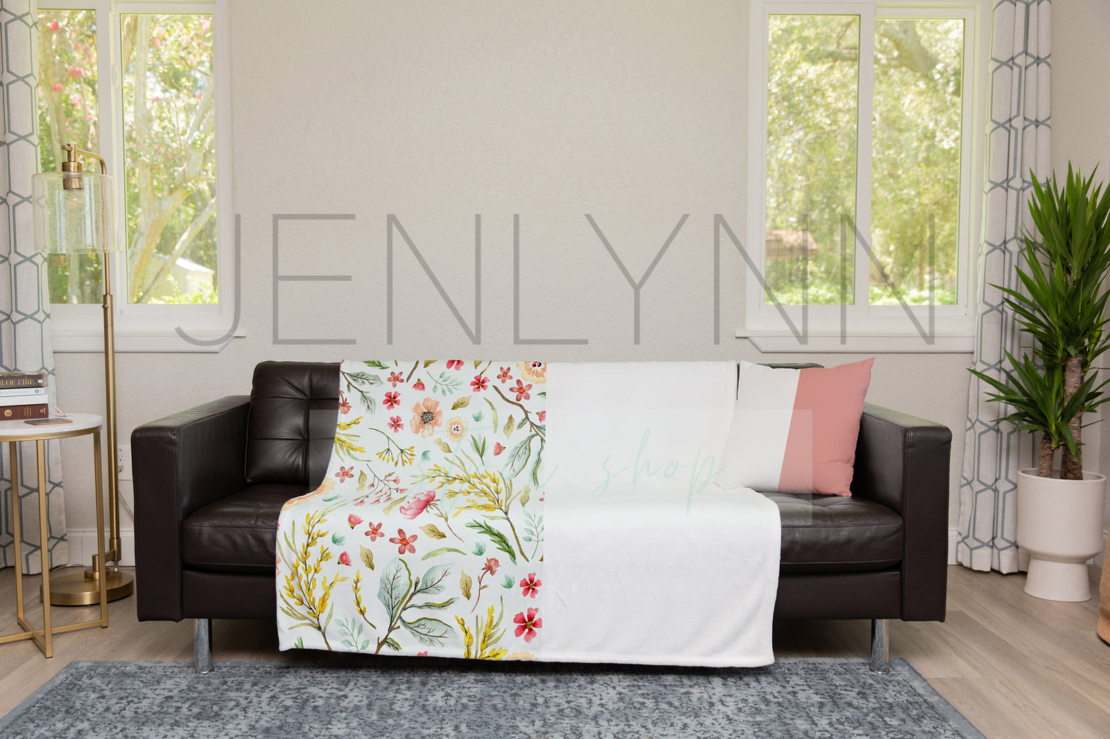 Minky Blanket + Pillow on Couch Mockup #TH01