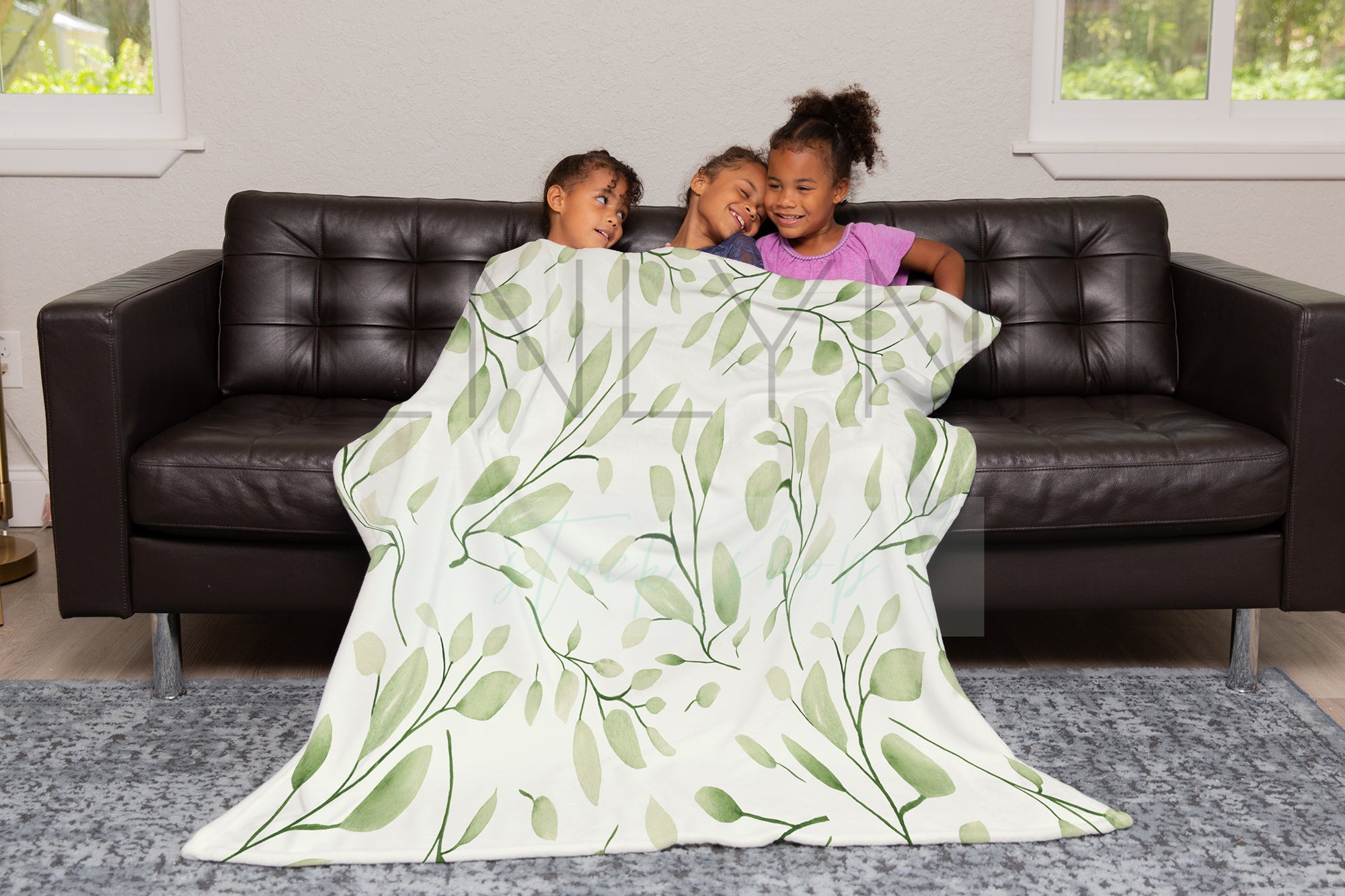 50x60 Minky Blanket + Black Models on Couch Mockup #TH05
