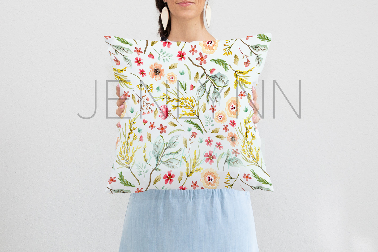 Woman Holding Square Pillow Mockup #10 PSD