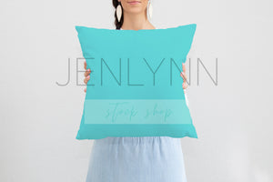 Woman Holding Square Pillow Mockup #10 PSD