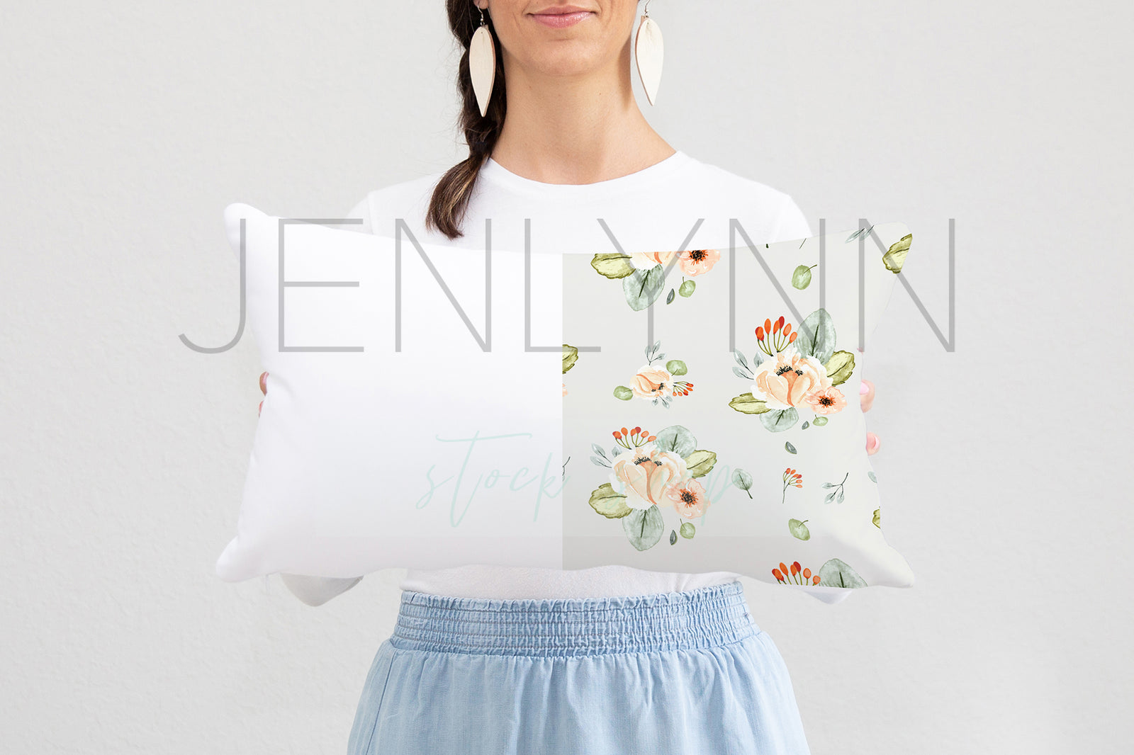 Woman Holding Pillow Mockup #8 PSD