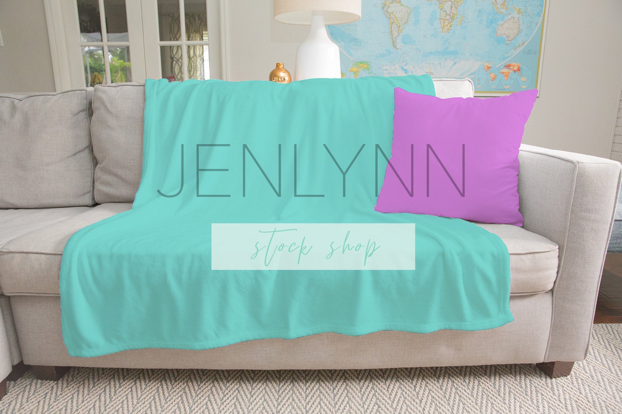 Minky Blanket and Pillow on Couch Mockup #2