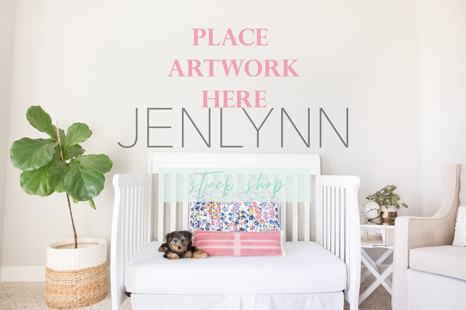 Toddler Bed Blank Wall Mockup with Puppy #7