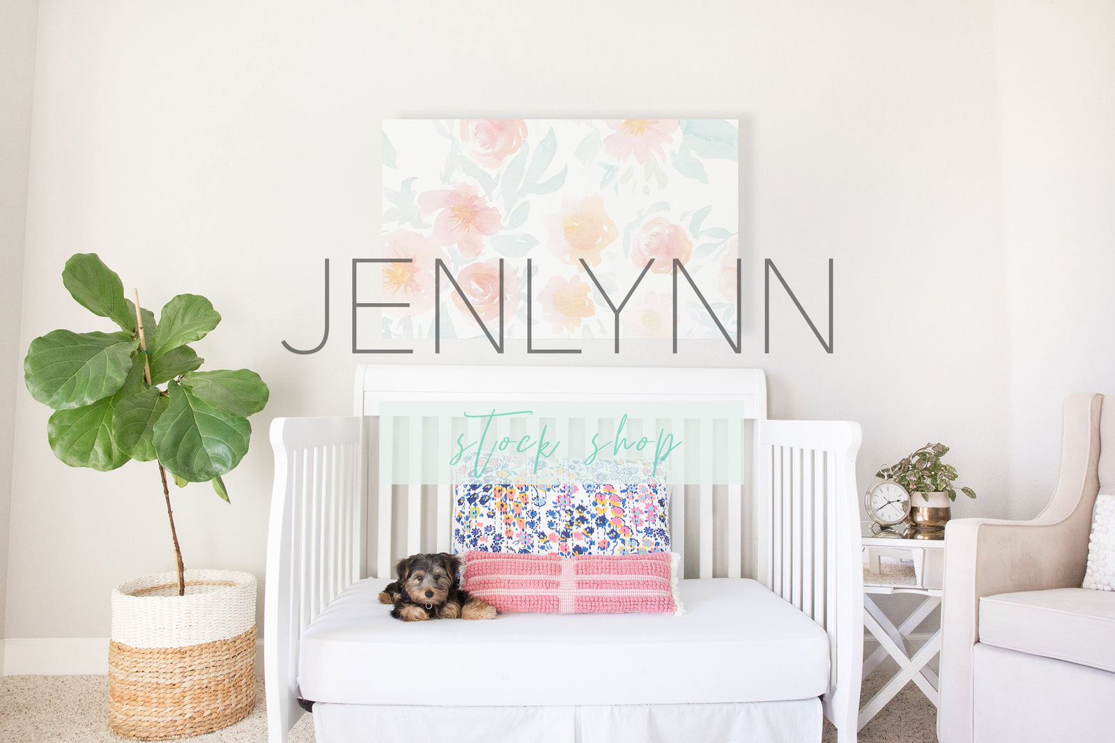 Toddler Bed Blank Wall Mockup with Puppy #7